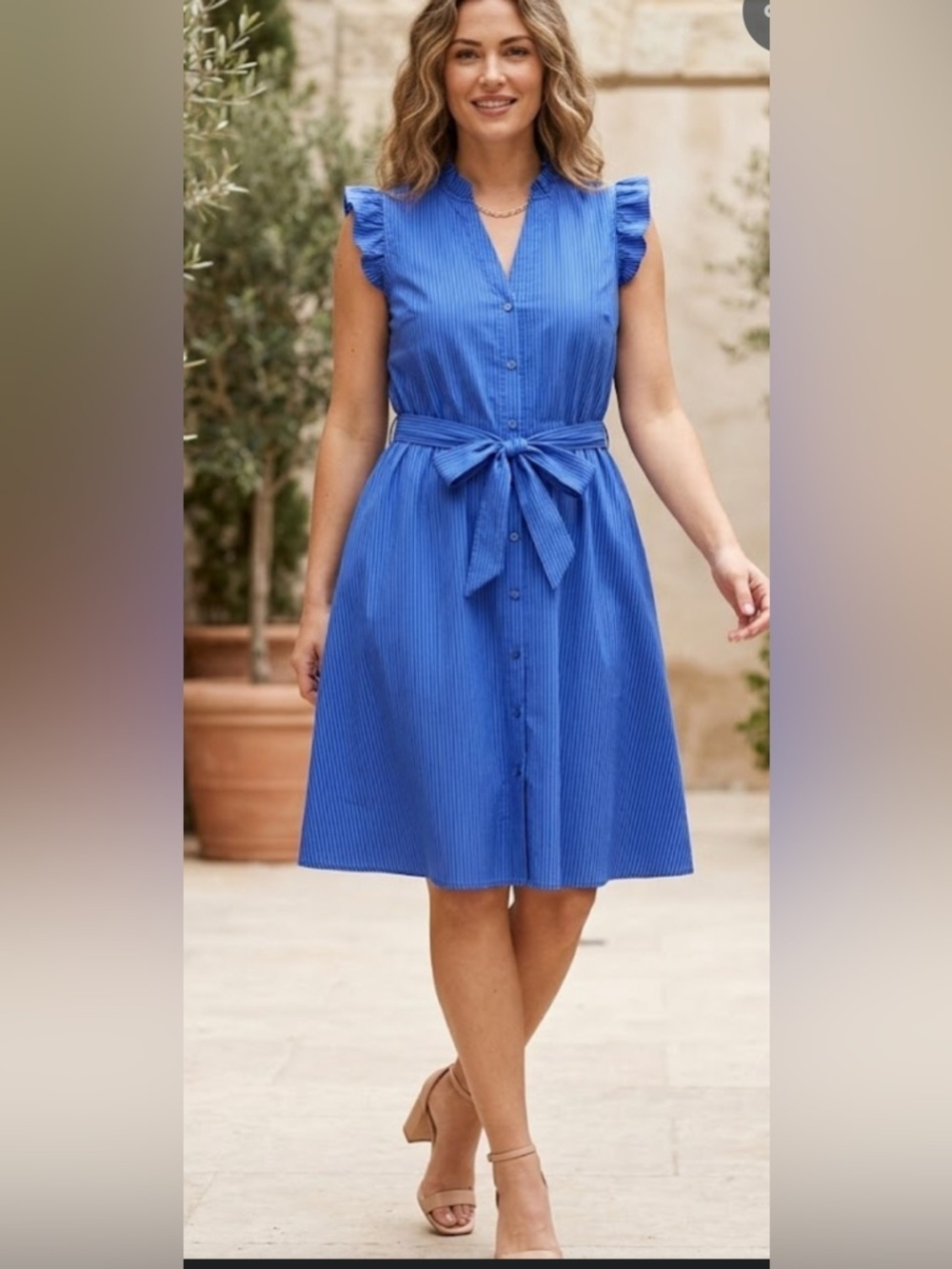 Sleeveless Blue Button-Front Tie-Waist Midi Dress